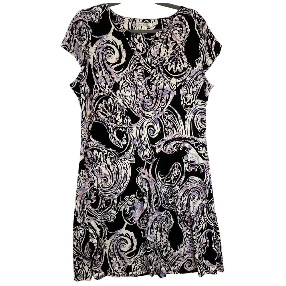 Dana Buchman Womens Large Paisley Shift Dress Short Sleeve Purple Black Mod Art